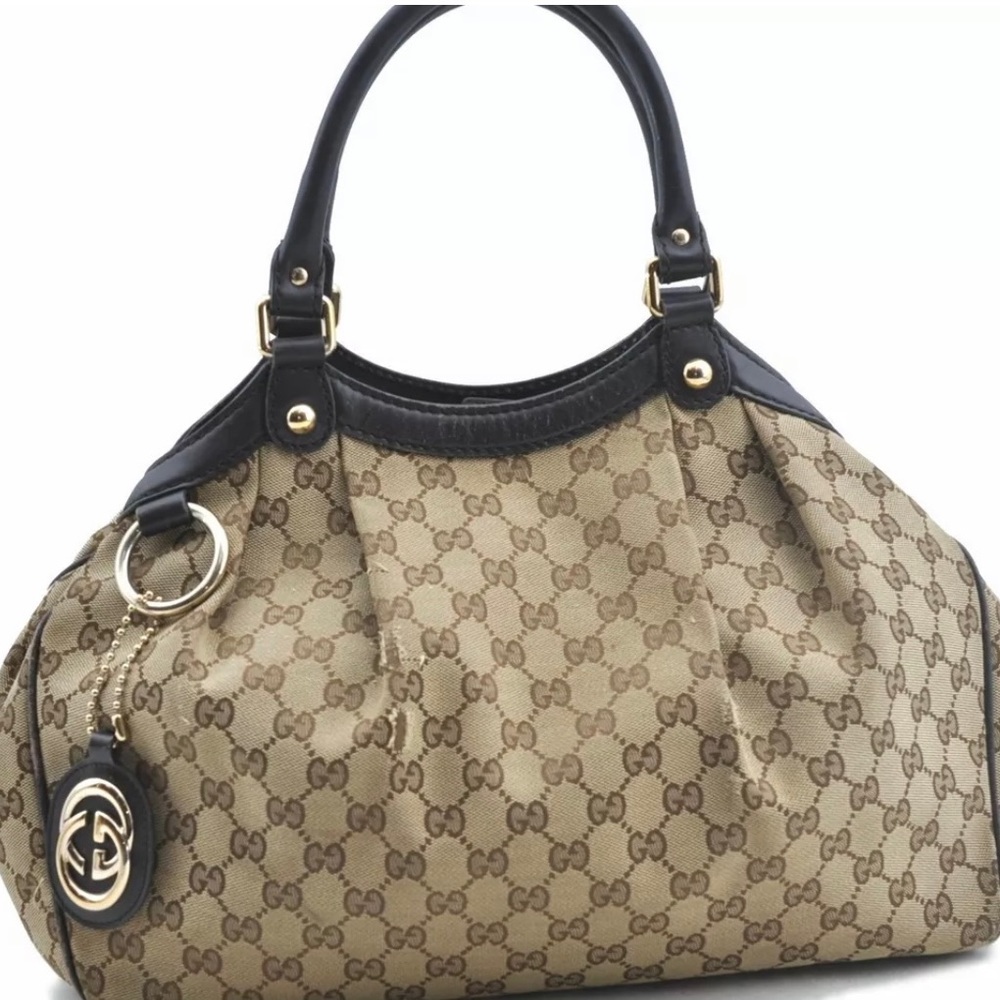 Authentic GUCCI Sukey Shoulder Tote Bag GG Canvas Leather 211944 Brown G0531❤️